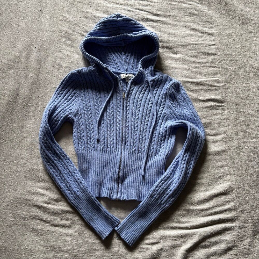 Periwinkle Cable-Knit Full-Zip Hooded Sweater